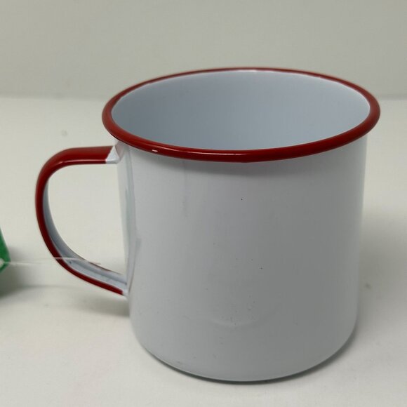 Sleigh Bell Bistro I Love Cocoa Metal Mug Red Rim White Enamel Cup 20 oz Holiday - Picture 5 of 14